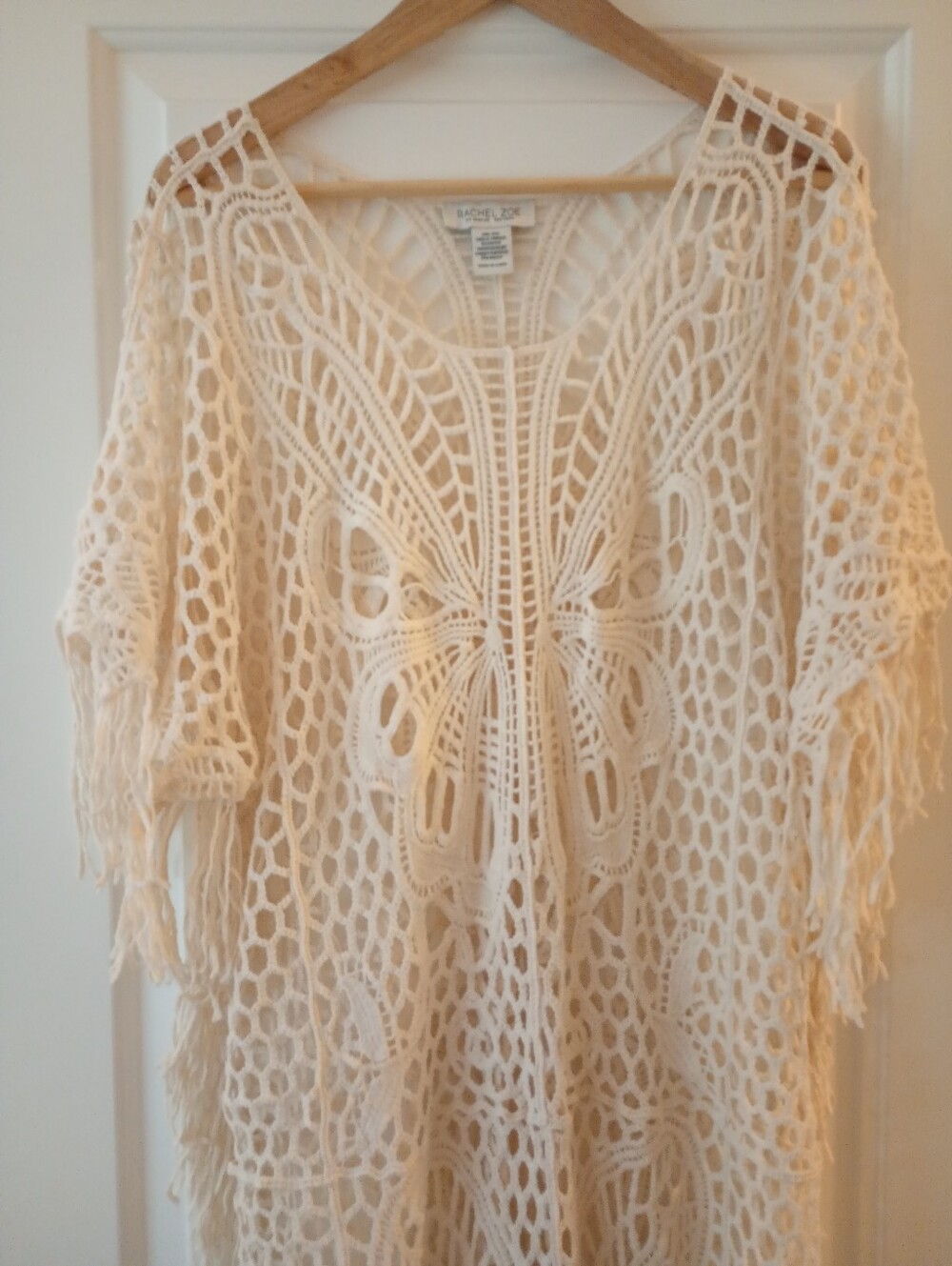 Rachel Zoe Cream Crochet Fringe Long Poncho Style Cover Up (OS)